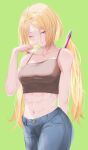  1girl abs aki_rosenthal bangs blonde_hair bob_cut breasts collarbone denim detached_hair english_commentary finger_to_mouth green_background hair_intakes highres hololive jeans looking_at_viewer low_twintails medium_breasts muscular muscular_female one_eye_closed pants parted_bangs purple_eyes robbilgigih simple_background tank_top tsurime twintails virtual_youtuber 