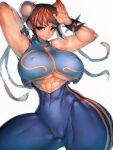  1girl :o abs arm_behind_head bracelet breasts brown_eyes brown_hair chun-li covered_nipples curvy double_bun fighting_stance fumio_(rsqkr) hair_ribbon highres jewelry nipples official_alternate_costume open_mouth ribbon short_hair simple_background sleeveless solo spiked_bracelet spikes street_fighter street_fighter_zero_(series) studded_bracelet underboob unitard vest yellow_ribbon 