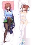  1girl black_legwear blue_cardigan blue_eyes blue_flower blue_jacket bra breasts brown_hair cardigan cleavage collared_shirt dakimakura_(medium) elbow_gloves eyebrows_visible_through_hair flower frills full_body garter_straps gloves go-toubun_no_hanayome green_skirt hair_between_eyes hair_flower hair_ornament head_rest headphones headphones_around_neck jacket jacket_removed knee_up large_breasts long_hair looking_at_viewer lying moeanime multiple_views nakano_miku navel no_shoes on_back on_side panties pantyhose petals pillow pleated_skirt shirt skirt smile thighhighs underwear white_bra white_flower white_gloves white_legwear white_panties white_shirt 