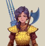  1girl arabian_clothes armor axe brown_background brown_eyes closed_eyes dark-skinned_female dark_skin earrings gauntlets gongxiao_zao helmet jewelry looking_at_viewer mount_&amp;_blade original outdoors polearm ponytail purple_hair simple_background smile solo spear warrior weapon 