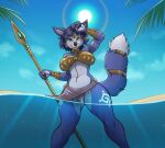  anthro beach black_nose blue_body blue_eyes blue_fur blue_hair blue_tail canid canine clothed clothing feet female female/female fingers fox fur hair hi_res krystal looking_at_viewer mammal michisamael nintendo partially_clothed pose seaside simple_background solo star_fox video_games water 