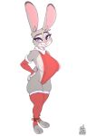  absurd_res anthro areola areola_slip blue_and_white clothed clothing conditional_dnp disney eyebrows eyelashes female hi_res judy_hopps lagomorph legwear leporid long_ears looking_at_viewer mammal monochrome rabbit simple_background smile solo standing sugarlesspaints white_background zootopia 