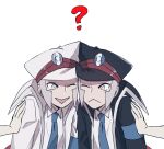  2boys :&lt; ? black_headwear blue_necktie brothers emmet_(pokemon) grey_eyes hat highres ingo_(pokemon) kimidorix32 multiple_boys necktie one_eye_closed peaked_cap pokemon pokemon_(game) pokemon_bw pokemon_legends:_arceus siblings sideburns striped_coat twins white_headwear 