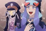  2boys black_headwear chiimako diamond_clan_outfit facial_hair goatee grey_eyes hat ingo_(pokemon) jacket jewelry long_hair melli_(pokemon) multiple_boys open_mouth peaked_cap pearl_clan_outfit pokemon pokemon_(game) pokemon_legends:_arceus purple_hair sideburns smile 