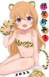  1girl 2022 absurdres aisaka_taiga animal_ears animal_hands animal_print arm_support bangs bikini blush brown_eyes brown_hair chinese_zodiac commentary_request english_commentary fang highres long_hair midriff mixed-language_commentary mizumi_kamijo navel open_mouth simple_background sitting solo swimsuit tail tiger_ears tiger_paws tiger_print tiger_tail toradora! white_background year_of_the_tiger 