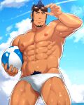 1boy abs bara closed_mouth commentary_request highres large_pectorals male_focus male_swimwear mature_male muscular muscular_male navel nipples original pectorals sakuramarusan smile solo stomach topless topless_male white_male_swimwear 