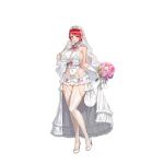  1girl blush bouquet breasts bridal_lingerie bridal_veil bride cleavage dress earrings flower frills full_body game_cg garter_straps gloves hair_bun high_heels highres holding holding_bouquet hongryeon_(last_origin) huge_breasts jewelry last_origin lingerie looking_at_viewer mole mole_under_eye navel official_art purple_eyes red_hair revealing_clothes see-through showgirl_skirt smile solo tachi-e taesi thighhighs transparent_background underwear veil wedding_dress white_dress white_gloves 