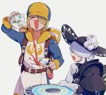  1boy 1girl black_headwear blonde_hair closed_eyes cogita_(pokemon) cup ginkgo_guild_uniform gloves hat highres holding holding_cup holding_teapot ntakehisa pokemon pokemon_(game) pokemon_legends:_arceus pouring spilling tea teacup teapot volo_(pokemon) white_gloves white_hair 