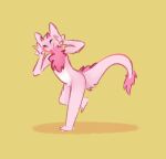  anthro big_tail blep domanceeo female fur fur_tuft furred_kobold horn kobold luceat_(domanceeo) pink_body pink_fur scalie simple_background solo tongue tongue_out tuft 