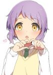  blush commentary_request eyebrows_visible_through_hair green_necktie heart heart_hands idolmaster idolmaster_million_live! long_sleeves looking_at_viewer makabe_mizuki mochigome_(ununquadium) necktie open_mouth purple_hair shirt short_bangs short_hair solo upper_body vest wavy_hair white_background white_shirt wing_collar yellow_eyes yellow_vest 