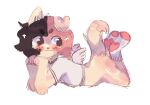  ambiguous_gender anthro black_hair blush bottomless brown_body brown_fur canid canine canis clothed clothing digital_media_(artwork) domestic_dog footwear fur hair looking_aside mammal pink_hair puraco shirt side_view simple_background socks solo sparkles topwear white_background wings 