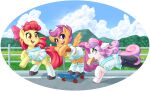  2022 absolute_territory accessory amber_eyes apple_bloom_(mlp) bodily_fluids bread clothed clothed_feral clothing cloud cutie_mark_crusaders_(mlp) dstears earth_pony equid equine feathered_wings feathers female fence feral food food_in_mouth friendship_is_magic grass green_eyes group hair hair_accessory hair_bow hair_ribbon hairband hasbro hi_res horn horse japanese_school_uniform legwear mammal mountain mouth_hold multicolored_hair multicolored_tail my_little_pony open_mouth open_smile outside pegasus pink_hair plant pony purple_eyes purple_hair red_hair ribbons running school_uniform scootaloo_(mlp) scooter serafuku sky smile sweat sweatdrop sweetie_belle_(mlp) toast trio two_tone_hair unicorn uniform wings 