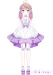  1girl absurdres amahano_eru blue_eyes blush bow braid brown_hair character_name dress full_body garter_belt hair_bow heterochromia high_heels highres kimamani_live kotamun official_art pale_skin purple_eyes ribbon sleeveless solo thighhighs twintails virtual_youtuber white_background 