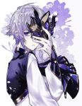  1boy bangs blue_eyes commentary_request fate/grand_order fate_(series) fingerless_gloves flower gloves hair_between_eyes highres holding holding_mask horned_mask kaa long_sleeves male_focus mask mask_removed open_mouth prince_of_lan_ling_(fate) silver_hair solo 