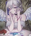  1girl amane_kanata angel angel_wings armlet asymmetrical_hair bangs bare_shoulders black_neckwear blue_eyes blue_hair blue_nails bracelet choker collarbone colored_eyelashes colored_inner_hair crossed_bangs cup dress drinking_glass eating elbows_on_table eyelashes feathered_wings fingernails flower food fork frilled_dress frilled_sleeves frills grey_hair half-closed_eyes hands_on_own_cheeks hands_on_own_face highres holding holding_fork holding_knife holding_utensil hololive jewelry knife long_fingernails matsushima_dayo multicolored_hair pale_skin pendant pendant_choker pink_bracelet pink_pupils pinstripe_dress pinstripe_pattern plate pout red_flower red_rose rose shirt short_sleeves sidelocks single_hair_intake solo spaghetti_strap star_(symbol) star_choker starfish striped table thick_eyelashes utensil white_shirt wings 