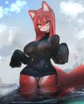  1girl absurdres animal_ears ass_visible_through_thighs black_sweater blush breasts brown_eyes cloud fox_ears fox_girl fox_tail furry furry_female highres large_breasts long_hair no_pants original outdoors panties pink_hair sky sleeves_past_wrists solo sweater tail thigh_gap thighs underwear utta wading water wet wet_clothes white_panties 