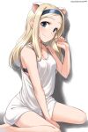  1girl absurdres aleksandra_i._pokryshkin animal_ears arm_between_legs black_bra blonde_hair blue_eyes blush bra brave_witches breasts cleavage highres hiroshi_(hunter-of-kct) looking_at_viewer playing_with_own_hair shadow sidelocks sitting small_breasts smile solo tank_top twitter_username underwear white_background white_tank_top world_witches_series yokozuwari 