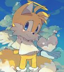  1boy absurdres angel animal_nose blue_eyes blue_sky blush c52278 closed_mouth cloud fox_boy fox_tail furry furry_male gloves highres looking_at_viewer male_focus multiple_tails shirt short_sleeves sky smile solo sonic_(series) tail tails_(sonic) two_tails white_gloves white_shirt wings 