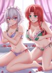  2girls absurdres blue_bra blue_eyes blue_panties bra braid breast_envy breast_hold breasts curtains flower green_bra green_eyes green_panties highres hong_meiling izayoi_sakuya maid_headdress multiple_girls navel panties piaoluo_de_ying_huaban red_hair rose short_hair silver_hair smug touhou twin_braids underwear window 