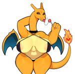 anthro areola areola_slip big_breasts bikini blue_eyes bodily_fluids breasts candy charizard clothing dessert female fire food half-closed_eyes hand_behind_head hi_res holding_candy holding_food holding_object huge_breasts huge_thighs lollipop multicolored_body narrowed_eyes nintendo pok&eacute;mon pok&eacute;mon_(species) saliva saliva_string sling_bikini solo somescrub swimwear thick_thighs tongue tongue_out two_tone_body video_games wide_hips wings yellow_areola 