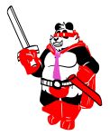  2022 absurd_res anthro black_body bulge cape clothing giant_panda grolarbearsins hi_res humanoid_hands male mammal necktie simple_background slightly_chubby solo ursid weapon white_background white_body 