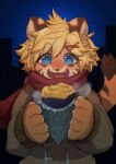  2018 5_fingers :d accessory anthro black_nose blonde_hair blue_eyes blush brown_body brown_clothing brown_coat brown_fur brown_tail brown_topwear cheek_tuft claws clothing coat cute_fangs digital_media_(artwork) dipstick_tail eyebrow_through_hair eyebrows facial_markings facial_tuft felid female finger_claws fingers food fuo_(hanadaiteol) fur hair hair_accessory hairclip hanadaiteol head_markings holding_food holding_object long_sleeves mammal markings monotone_hair multicolored_body multicolored_fur orange_body orange_fur orange_tail pantherine plant raised_tail red_scarf red_tongue scarf smile solo steam striped_face striped_markings striped_tail stripes sweet_potato tail_markings tan_body tan_claws tan_fur tan_inner_ear thick_eyebrows tiger tongue topwear translucent translucent_hair tuft two_tone_tail vegetable 