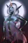  blue_body blue_skin breasts clothed clothed_female clothing female gloves goth grey_lipstick hair hand_on_hip handwear horn horned_humanoid humanoid humanoid_pointy_ears latex latex_clothing latex_gloves league_of_legends legwear light long_hair looking_down moon moonlight night oogui_art ponytail pose riot_games skindentation solo soraka standing thigh_highs tight_clothing video_games white_hair yellow_eyes 