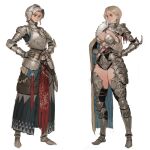  2girls armor armored_boots bangs bikini_armor blonde_hair blue_eyes boots breasts cape cleavage closed_mouth cuirass dual_persona english_commentary full_armor fur-trimmed_cape fur_trim gauntlets greaves hands_on_hips helmet long_hair medium_breasts multiple_girls original plate_armor simple_background skirt smile standing swept_bangs tabard tahra thighs white_background 