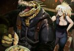  1boy 1girl :d black_bodysuit blonde_hair blue_eyes bodysuit breasts chopsticks cleavage closed_eyes dorohedoro dumpling eating food hand_on_hip happy highres holding holding_food indoors jacket jiaozi kaiman_(dorohedoro) large_breasts lizardman looking_at_another nikaidou_(dorohedoro) plate rojiyump saliva smile standing 