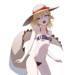  1girl bare_shoulders blonde_hair blue_eyes blush bow casual_one-piece_swimsuit character_request check_character covered_navel dino_(dinoartforame) double_vertical_stripe fang gris_swimsuit hat hat_bow hat_ribbon highres hololive hololive_english looking_at_viewer medium_hair meme meme_attire one-piece_swimsuit open_mouth red_bow red_ribbon ribbon see-through_swimsuit shadow simple_background solo strapless strapless_swimsuit swimsuit third-party_source watson_amelia white_background 
