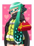  1girl agent_3_(splatoon) bangs black_capelet black_shirt black_shorts blue_eyes blunt_bangs blush box capelet commentary cowboy_shot gift gift_box giving gradient_hair green_hair hand_on_hip headgear heart heart_background highres holding holding_gift inkling long_hair long_sleeves looking_away multicolored_hair outside_border penguin_maru_(penginmaru) pink_background safety_vest shirt short_shorts shorts single_vertical_stripe solo splatoon_(series) squidbeak_splatoon standing tentacle_hair valentine vest yellow_vest 