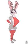  absurd_res anthro areola areola_slip blue_and_white clothed clothing conditional_dnp disney eyebrows eyelashes fake_antlers female hi_res judy_hopps lagomorph legwear leporid long_ears looking_at_viewer mammal monochrome rabbit simple_background smile solo standing sugarlesspaints white_background zootopia 