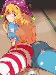  1girl american_flag_dress anger_vein ass bangs banned_artist blonde_hair blue_dress blush closed_mouth clownpiece commentary_request dress eyebrows_visible_through_hair fairy_wings feet_out_of_frame feet_up from_behind hat hekiga_(freelot) highres jester_cap long_hair looking_at_viewer looking_back lying on_stomach pantyhose polka_dot purple_headwear pussy_juice red_eyes sex_toy short_sleeves solo star_(symbol) star_print tatami thighs touhou trembling very_long_hair vibrator wavy_hair wings 