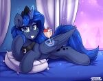  alcohol bed beverage blue_eyes blue_hair container crown cup drinking_glass equid equine friendship_is_magic furniture glass glass_container glass_cup glowing hair hasbro hi_res horn levitation looking_at_viewer lying magic mammal my_little_pony on_bed pillow princess_luna_(mlp) shadowreindeer smile sparkles tiara wine wine_glass winged_unicorn wings 
