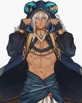  1boy abs bara closed_mouth commentary highres jouvru long_hair long_sleeves looking_at_viewer male_focus mature_male muscular muscular_male navel original pectoral_cleavage pectorals smile solo white_hair 