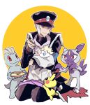  1boy black_headwear coat facial_hair feeding goatee grey_eyes hat highres hisuian_sneasel holding ingo_(pokemon) kimidorix32 kneeling machop peaked_cap pearl_clan_outfit pichu pokemon pokemon_(creature) pokemon_(game) pokemon_legends:_arceus sideburns smile sneasel togepi 