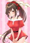  1girl blush bow brown_eyes brown_hair christmas dress embarrassed hair_bow highres jura kimamani_live long_hair looking_to_the_side pale_skin pink_background ponytail santa_costume santa_dress short_dress solo tobiume_kaoru virtual_youtuber 