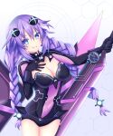  1girl bangs blue_eyes blush braid breasts cleavage closed_mouth commentary_request cowboy_shot eyebrows_visible_through_hair gloves hair_between_eyes hair_ornament highres holding holding_sword holding_weapon kumari7 long_hair looking_at_viewer neptune_(series) power_symbol purple_hair purple_heart smile solo sword symbol-shaped_pupils twin_braids weapon 