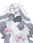  ambiguous_gender anthro clothed clothing eyes_closed front_view fur grey_body grey_fur hi_res lagomorph leporid long_ears mammal multicolored_eyes puraco rabbit simple_background solo white_background 