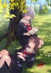  2girls blue_eyes blush book brown_hair flower forest fukahire_(ruinon) glasses grass highres holding holding_book lap_pillow leaf low_twintails lying multiple_girls nature neckerchief on_back original outdoors pleated_skirt purple_eyes reading red_neckerchief school_uniform serafuku short_hair silver_hair sitting skirt smile tree tree_shade twintails under_tree yuri 