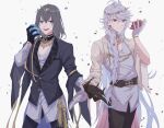  2boys aiguillette belt bishounen black_gloves black_hair black_pants blue_eyes blue_flower blue_rose braid closed_mouth cowboy_shot fate/grand_order fate_(series) flower gloves hair_over_shoulder head_wreath highres holding holding_flower legs_apart legs_together long_hair looking_at_viewer male_focus merlin_(fate) merlin_(overnight_dream)_(fate) monimn_n multiple_boys oberon_(fate) oberon_(overnight_dream)_(fate) official_alternate_costume open_mouth pants petals purple_eyes red_flower red_rose rose shirt simple_background smile standing symmetry white_background white_gloves white_hair white_shirt 