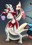  anthro clothing dialogue duo female feral halcy0n hi_res human lycanroc mammal midnight_lycanroc milotic mind_control nintendo pok&eacute;mon pok&eacute;mon_(species) rubber rubber_clothing rubber_suit species_transformation suit_transformation transformation video_games 