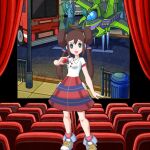  1girl :d aqua_eyes bangs bright_pupils brown_hair buttons collared_shirt commentary curtains double_bun hand_up highres holding holding_poke_ball indoors knees looking_at_viewer movie_theater open_mouth poke_ball poke_ball_(basic) pokemon pokemon_(game) pokemon_bw2 pokestar_studios red_skirt rosa_(pokemon) seat shirt shoes short_sleeves sidelocks skirt smile sneakers solo source_request twintails white_pupils white_shirt 