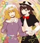  2girls abstract_background black_capelet black_headwear black_skirt blonde_hair blush bow bowtie breasts brown_eyes brown_hair capelet collared_dress collared_shirt derivative_work dr.latency&#039;s_freak_report dress fedora hand_on_another&#039;s_hip hand_on_own_chest happy hat hat_bow highres holding_hands juliet_sleeves kuya_(hey36253625) long_sleeves maribel_hearn medium_breasts medium_hair mob_cap multicolored_background multiple_girls open_mouth puffy_sleeves purple_dress quark_(particle) red_bow red_bowtie sash shirt skirt small_breasts touhou usami_renko wavy_hair white_bow white_headwear white_sash white_sleeves yellow_eyes 