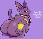  anthro belly bent_over big_butt butt champa domestic_cat dragon_ball dragon_ball_super ear_piercing ear_ring english_text felid feline felis gold_(metal) gold_jewelry hi_res jewelry male mammal moobs nipples overweight piercing presenting presenting_hindquarters purple_body sinribbons solo text 
