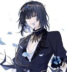  1boy black_gloves black_hair black_jacket blue_flower blue_rose bracelet fate/grand_order fate_(series) flower gloves highres holding jacket jewelry looking_at_viewer male_focus medium_hair no_wings oberon_(fate) oberon_(overnight_dream)_(fate) official_alternate_costume petals ringo_2000 rose shirt simple_background smile solo teeth white_background white_shirt wreath 
