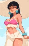  1girl absurdres black_hair blue_bracelet bracelet chel_(the_road_to_el_dorado) dark-skinned_female dark_skin earrings gloss hat highres jewelry loincloth smile solo spaghetti_strap straw_hat the_road_to_el_dorado 