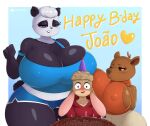  &lt;3 &lt;3_eyes 2022 anthro big_breasts birthday_cake blue_eyes blush bodily_fluids breasts brown_eyes cake candle capybara caviid cleavage clothed clothing dessert english_text eyelashes female food gammainks giant_panda group hat headgear headwear hi_res huge_breasts joao_(joaoppereiraus) lagomorph leporid male mammal nipple_outline pam_(joaoppereiraus) party_hat rabbit rodent simple_background sueli_(joaoppereiraus) sweat sweatdrop text thick_thighs trio ursid 