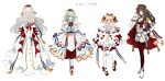  4girls :d alternate_costume animal_ears arknights bare_shoulders bear_ears blonde_hair blue_eyes blue_hair boots bow bowtie braid brown_hair cape closed_eyes cosplay dress eyebrows_visible_through_hair flower full_body gloves grey_hair gummy_(arknights) hair_bow hand_up head_tilt highres istina_(arknights) long_hair long_sleeves monocle multicolored_hair multiple_girls nicole_(lion) off-shoulder_dress off_shoulder official_alternate_costume open_mouth orange_eyes own_hands_together pantyhose red_bow red_bowtie red_cape red_flower red_hair red_headwear red_legwear red_vest rosa_(arknights) rosa_(masterpiece)_(arknights) rosa_(masterpiece)_(arknights)_(cosplay) sandals semi-rimless_eyewear short_hair simple_background sketch skirt smile standing streaked_hair tassel two-tone_cape under-rim_eyewear vest white_background white_cape white_dress white_footwear white_gloves white_legwear white_skirt zima_(arknights) 
