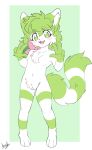  3_toes 4_fingers anthro black_nose breasts cheek_tuft chest_tuft chiyosuke_masin crotch_tuft domestic_ferret facial_tuft featureless_breasts featureless_crotch feet female fingers flower fur gesture green_body green_eyes green_fur green_hair hair hi_res hybrid legendary_pok&eacute;mon looking_at_viewer mammal mustela mustelid musteline navel niima_(shaymin) nintendo open_mouth plant pok&eacute;mon pok&eacute;mon_(species) shaymin simple_background sky_forme_shaymin solo teeth toes tongue true_musteline tuft v_sign video_games white_body white_fur 